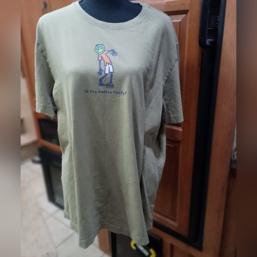 Life Is Good Graphic Olive Green T-Shirt Mens Large "Coffee" " Zombie"